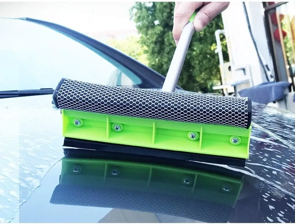 2-in-1 Window Cleaner Sponge and Soft Rubber Strip with Telescopic Extension Pole Drainer Wiper, Squeegee, Glass Wiper High Place Snow Brush Double-Sided Glass Cleaning [25 x100cm] (Dark Green)