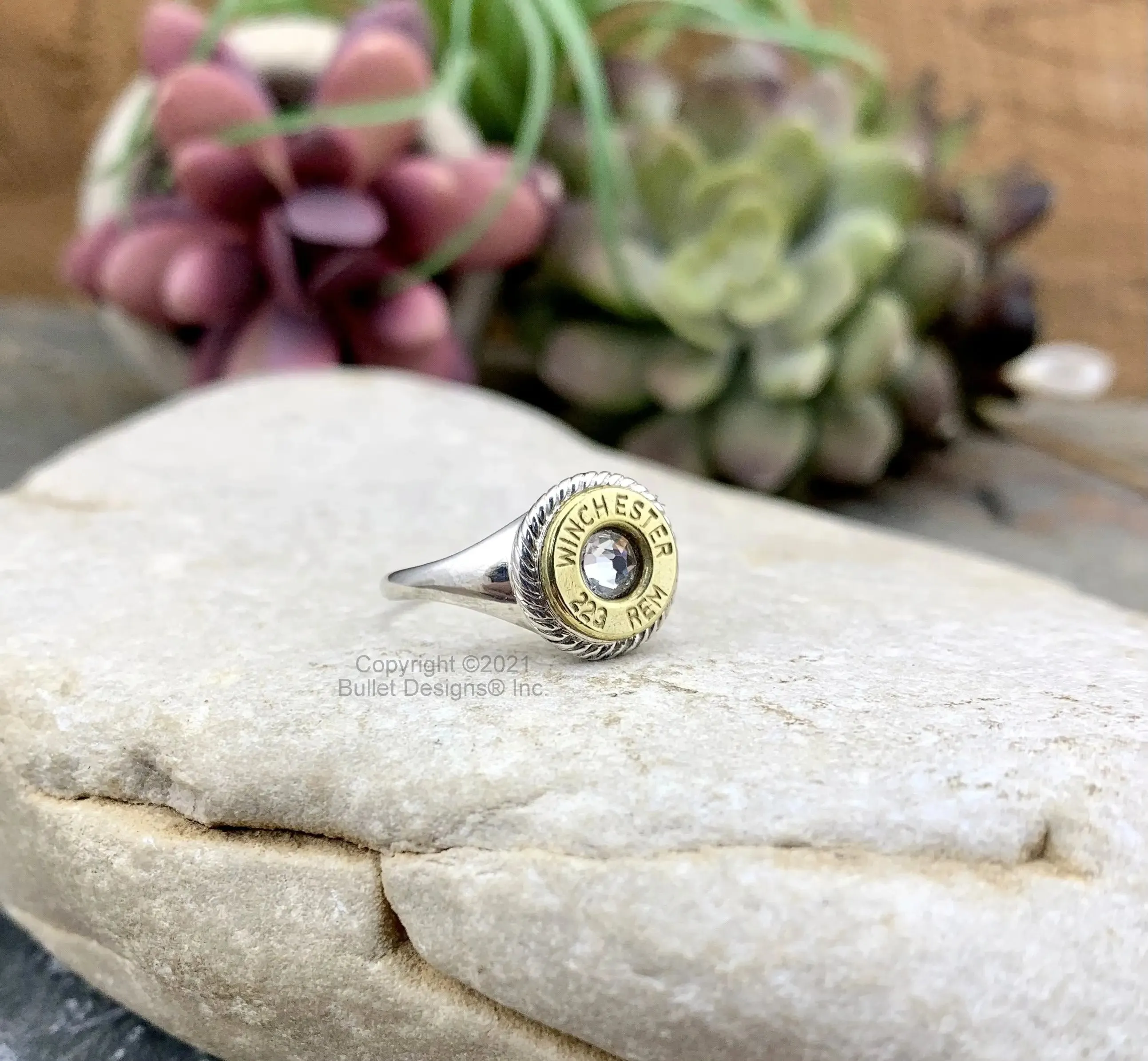 223 Sterling Silver Rope Ring, Dainty AR-15, Brass, Swarovski Crystal