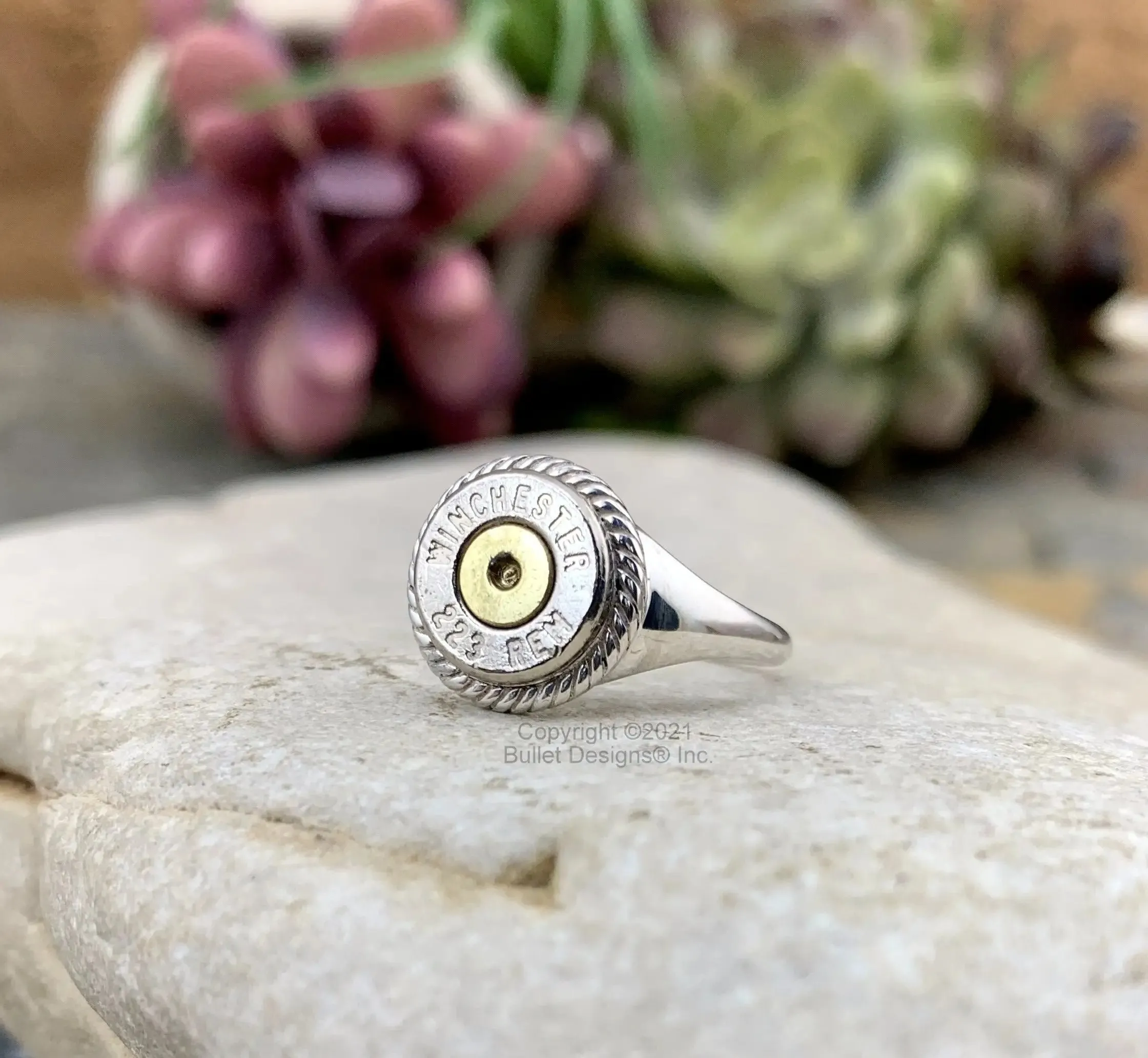 223 Sterling Silver Rope Ring, Dainty AR-15, Brass, Swarovski Crystal