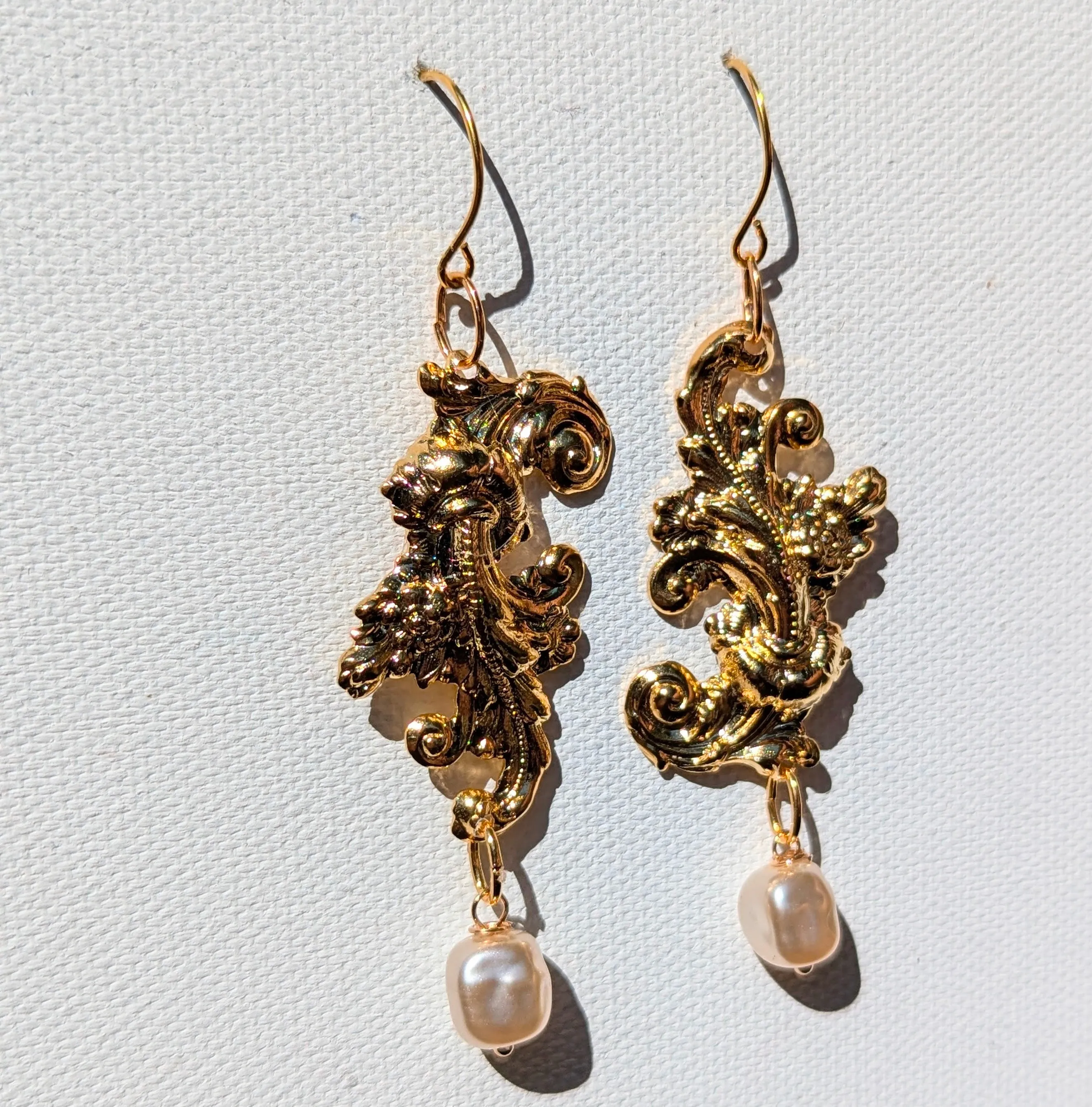 24k Gold Plated Brass with Vintage Fish Scale Pearl Drop Earrings 3 inch Long USA Made by Sugar Gay Isber unisex-adult Bridal