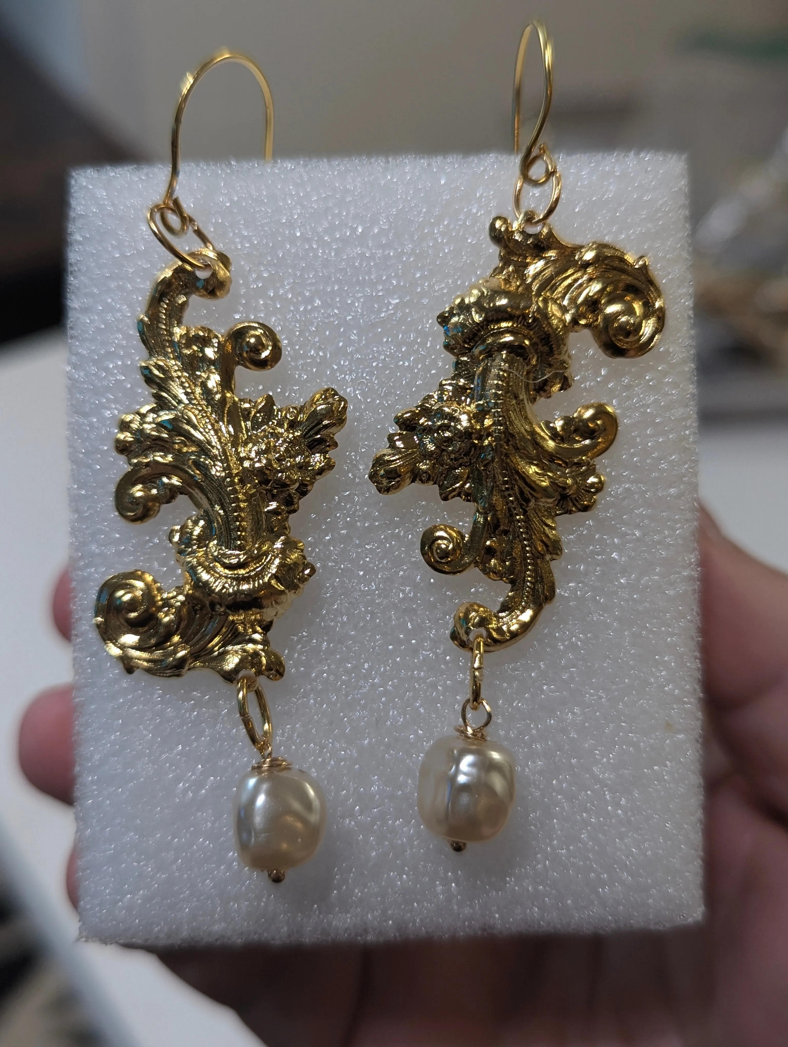 24k Gold Plated Brass with Vintage Fish Scale Pearl Drop Earrings 3 inch Long USA Made by Sugar Gay Isber unisex-adult Bridal