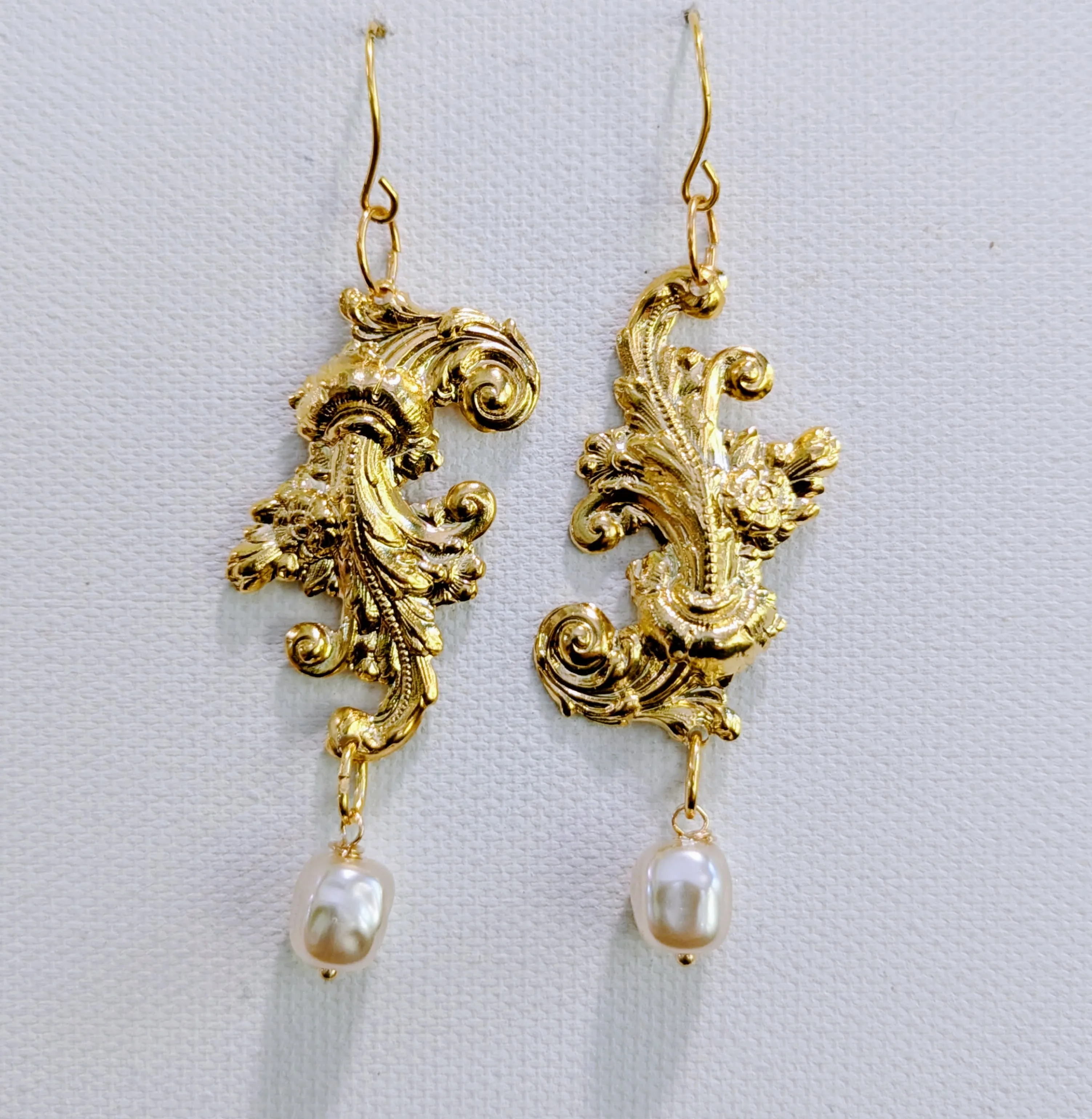 24k Gold Plated Brass with Vintage Fish Scale Pearl Drop Earrings 3 inch Long USA Made by Sugar Gay Isber unisex-adult Bridal