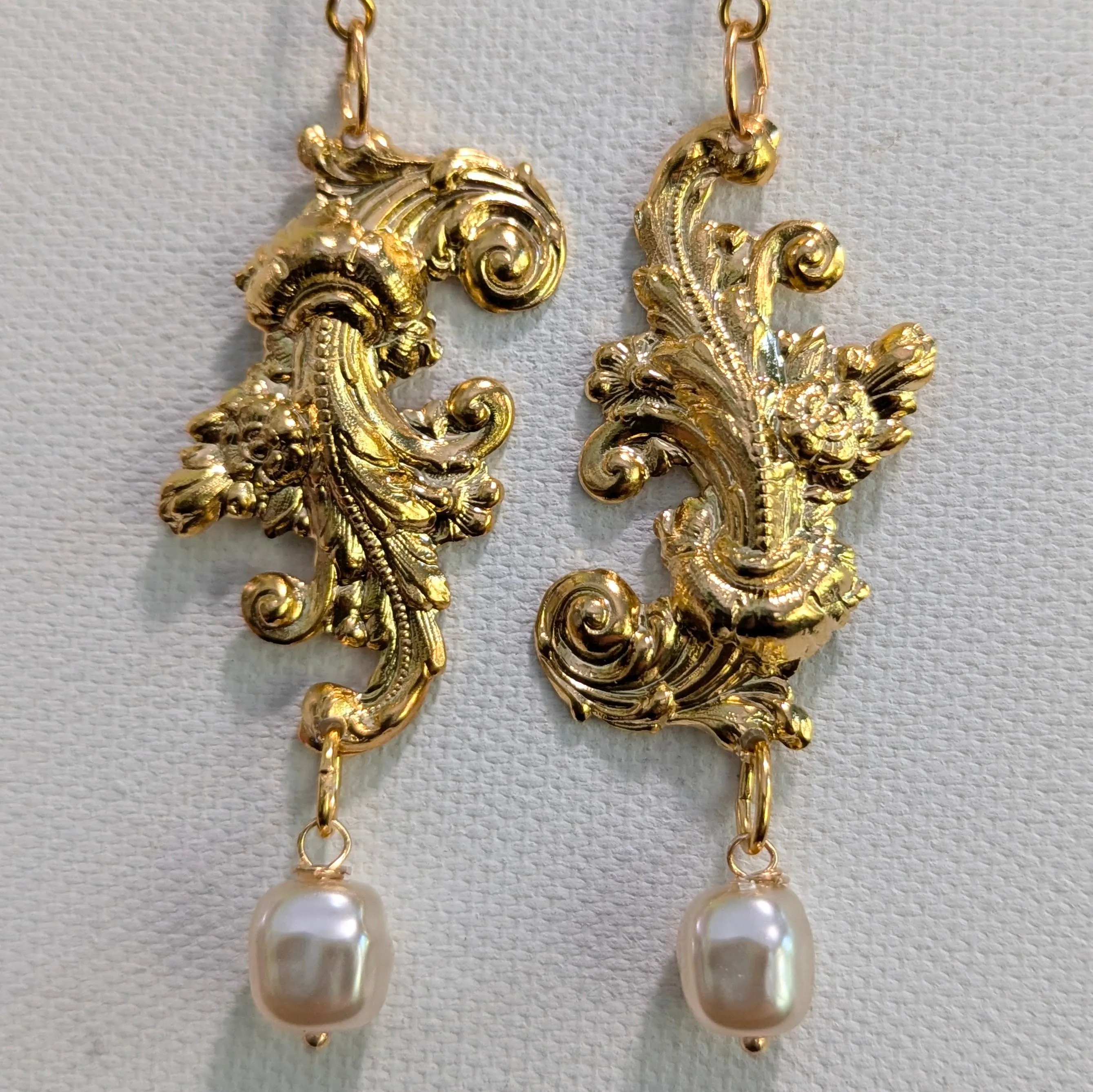 24k Gold Plated Brass with Vintage Fish Scale Pearl Drop Earrings 3 inch Long USA Made by Sugar Gay Isber unisex-adult Bridal