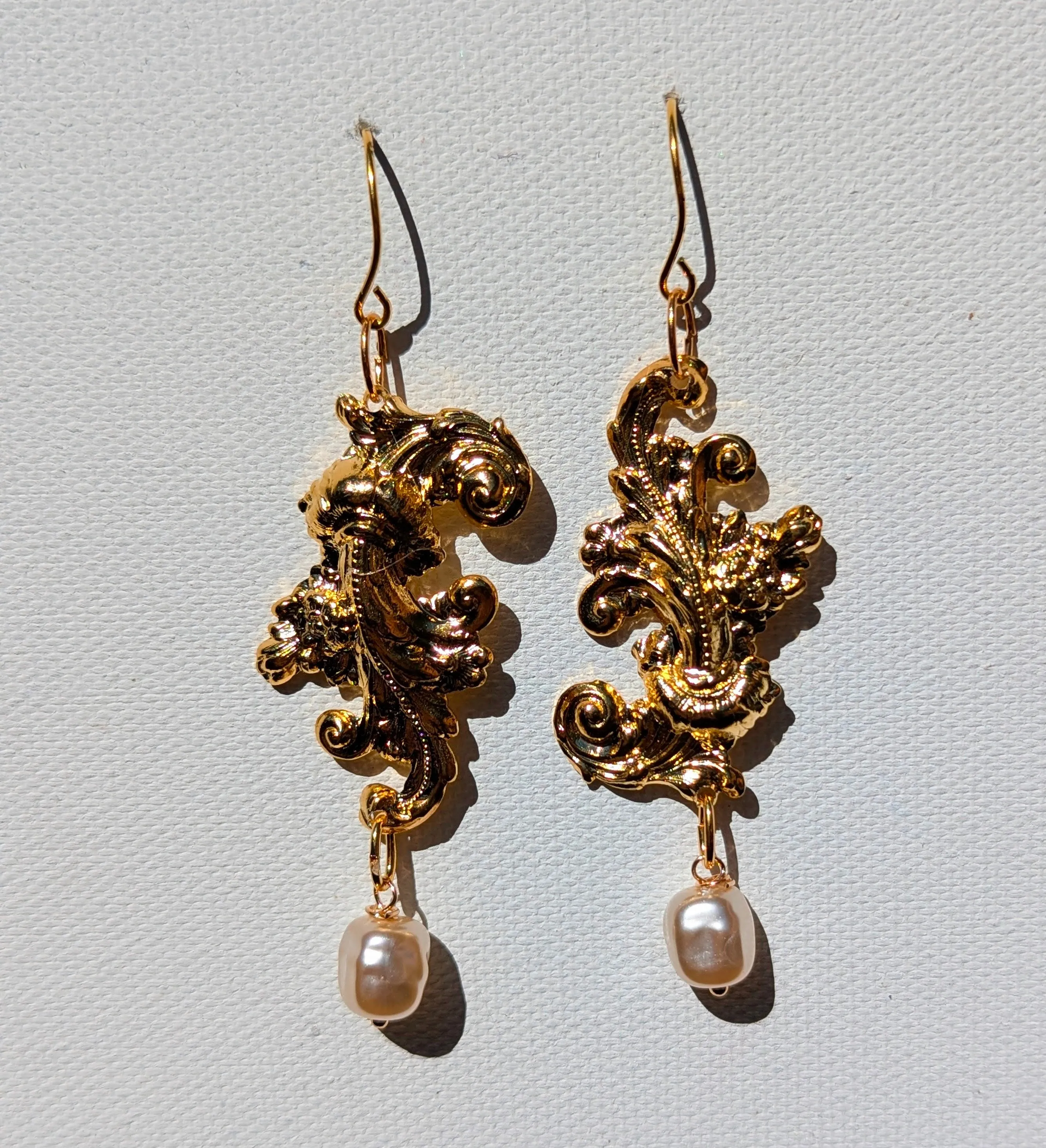 24k Gold Plated Brass with Vintage Fish Scale Pearl Drop Earrings 3 inch Long USA Made by Sugar Gay Isber unisex-adult Bridal