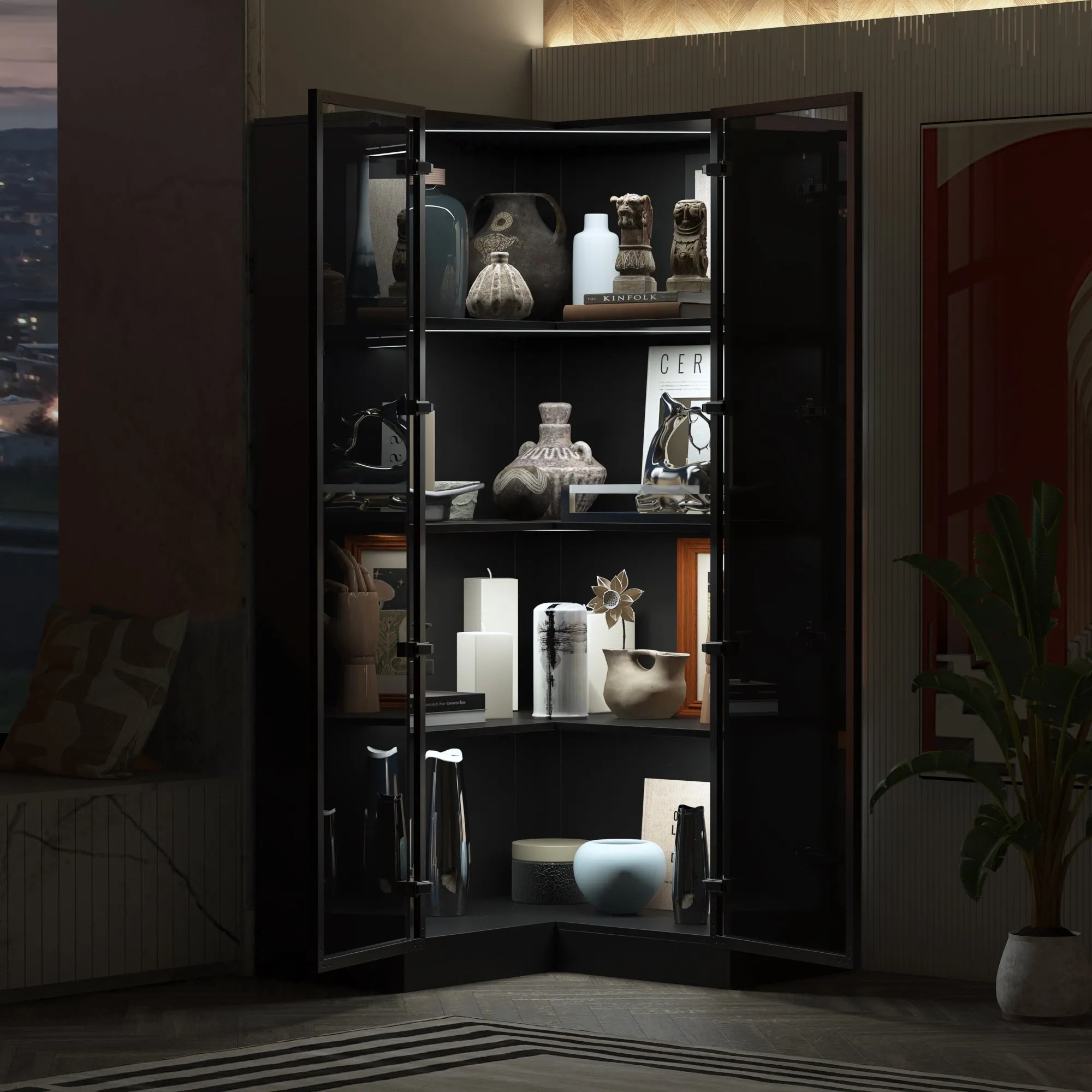 63'' H 4-Layer Corner Bookcase With Glass And Lights