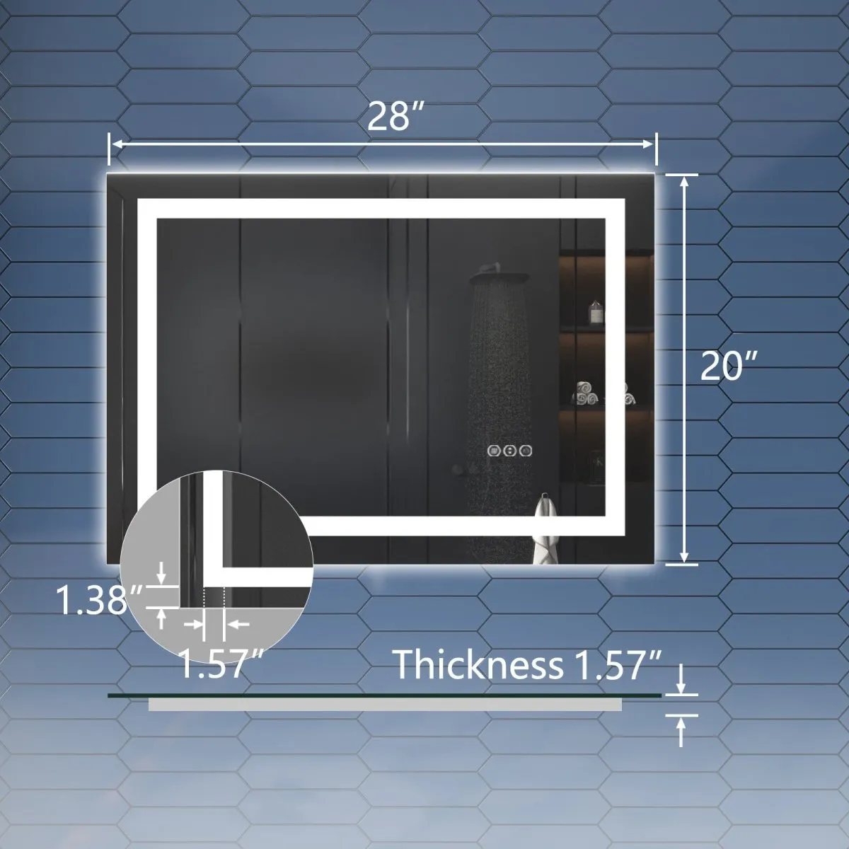 Apex 20" W x 28" H inch LED Bathroom Light Mirror,Anti Fog,Dimmable,Dual Lighting Mode,Tempered Glass