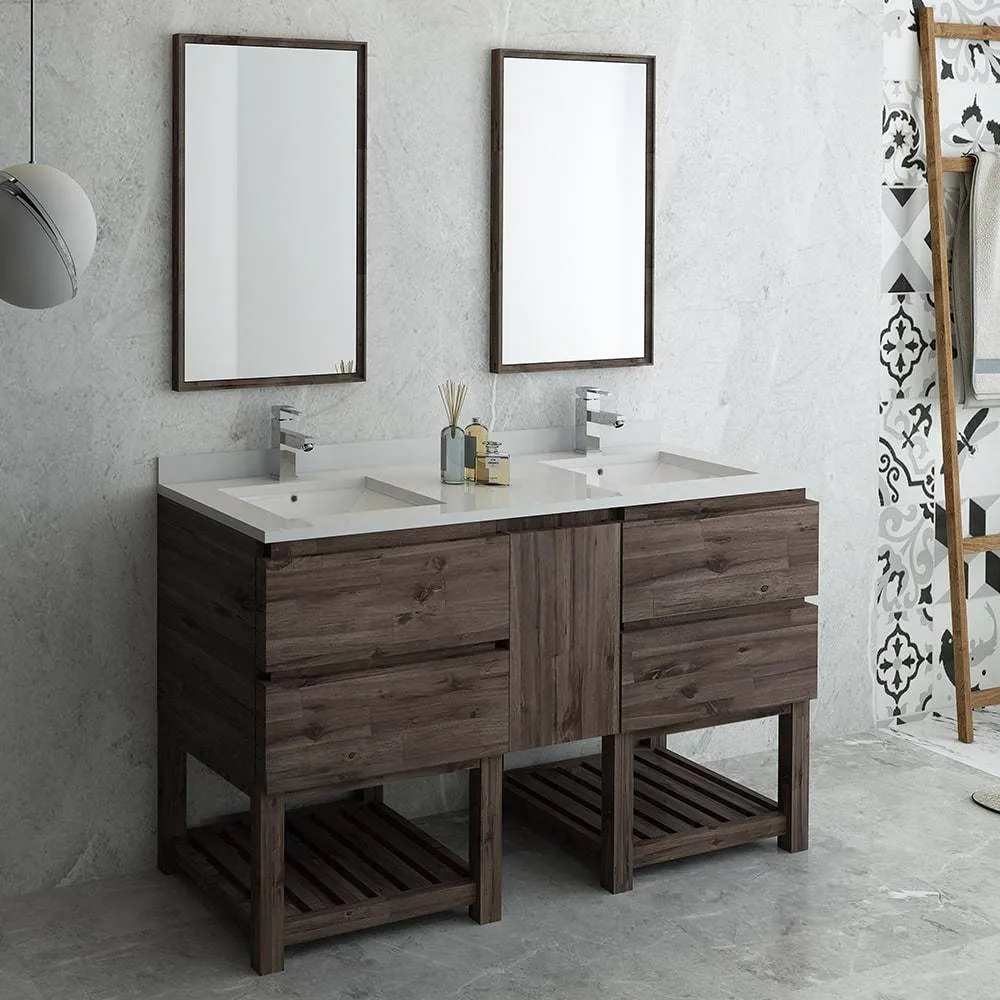 Fresca FVN31-241224ACA-FS Formosa 60" Floor Standing Double Sink Modern Bathroom Vanity with Open Bottom & Mirrors in Acacia