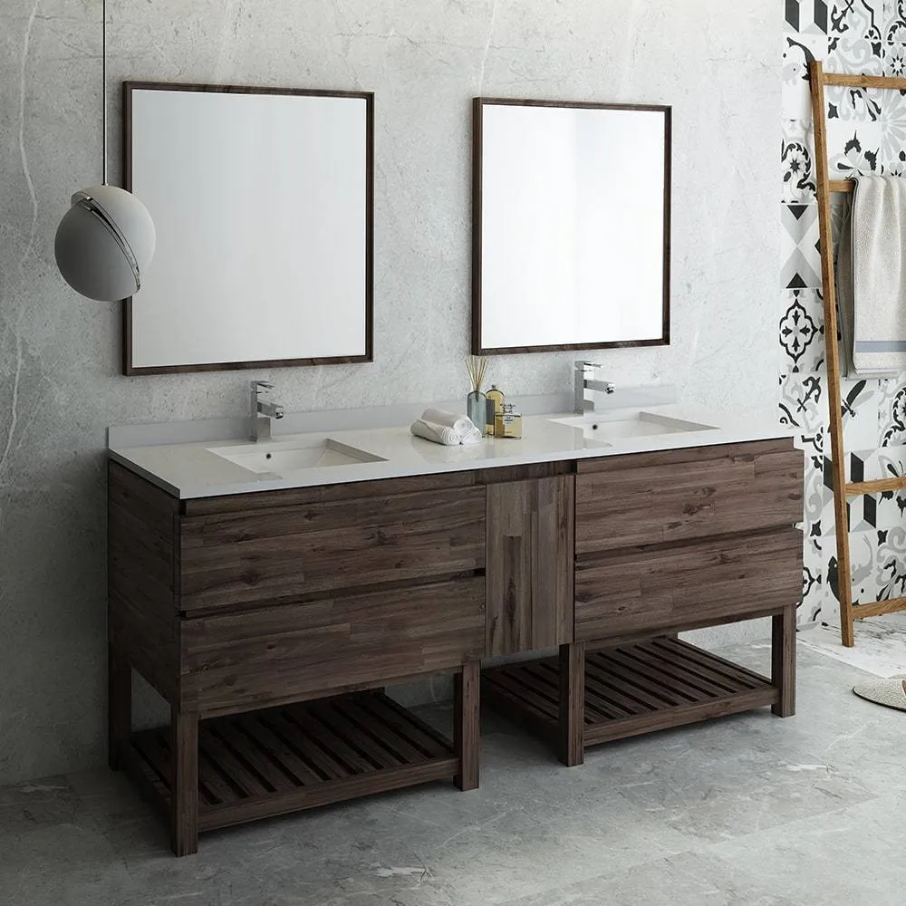 Fresca FVN31-361236ACA-FS Formosa 84" Floor Standing Double Sink Modern Bathroom Vanity with Open Bottom & Mirrors in Acacia