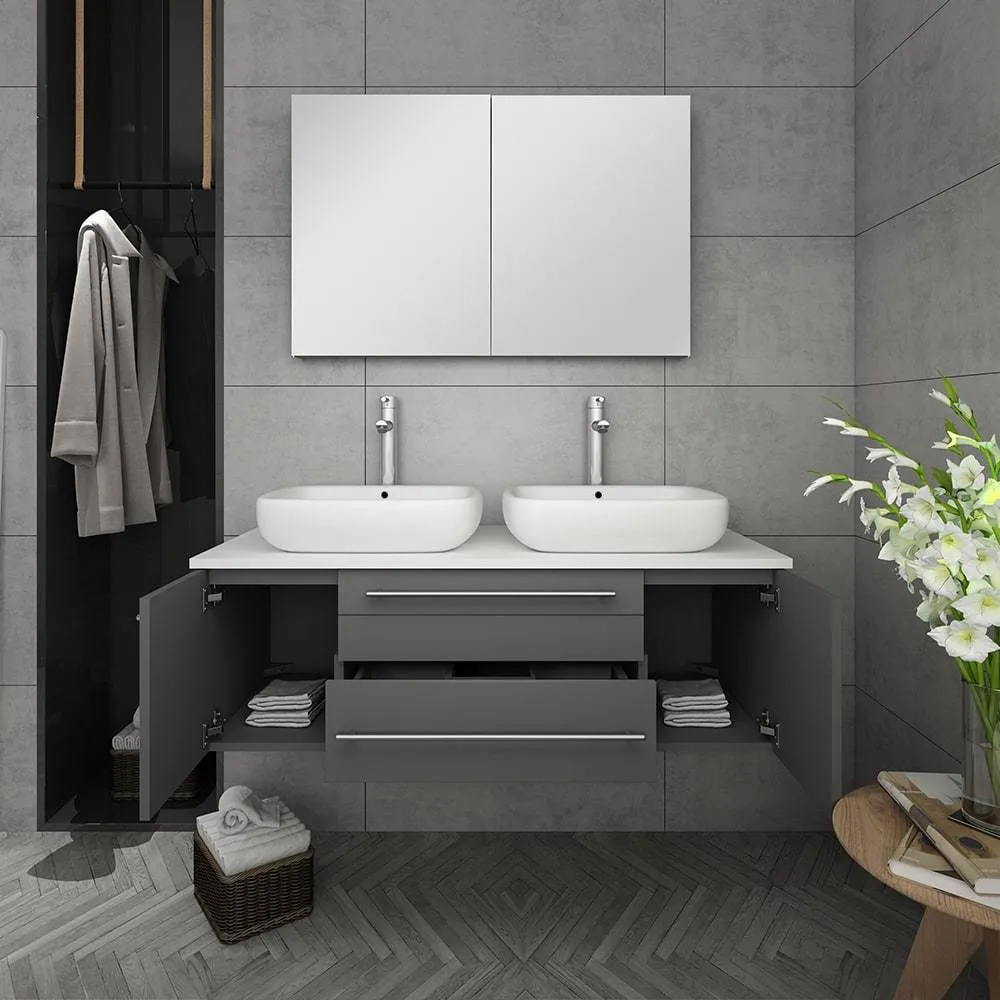 Fresca FVN6148GR-VSL-D Lucera 48" Gray Wall Hung Double Vessel Sink Modern Bathroom Vanity with Medicine Cabinet