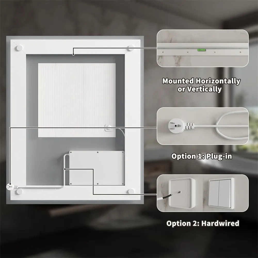 Linea 28" W x 36" H LED Heated Bathroom Mirror,Anti Fog,Dimmable,Front-Lighted and Backlit, Tempered Glass