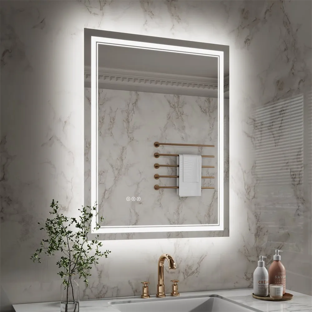 Linea 28" W x 36" H LED Heated Bathroom Mirror,Anti Fog,Dimmable,Front-Lighted and Backlit, Tempered Glass