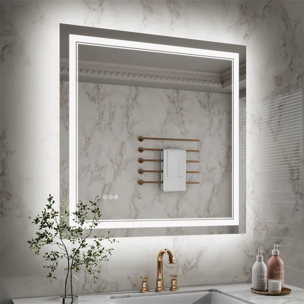 Linea 36" W x 36" H LED Heated Bathroom Mirror,Anti Fog,Dimmable,Front-Lighted and Backlit, Tempered Glass