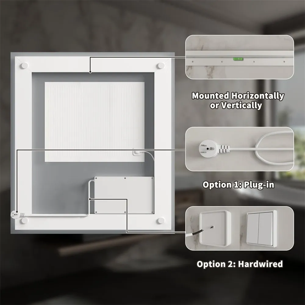 Linea 36" W x 36" H LED Heated Bathroom Mirror,Anti Fog,Dimmable,Front-Lighted and Backlit, Tempered Glass