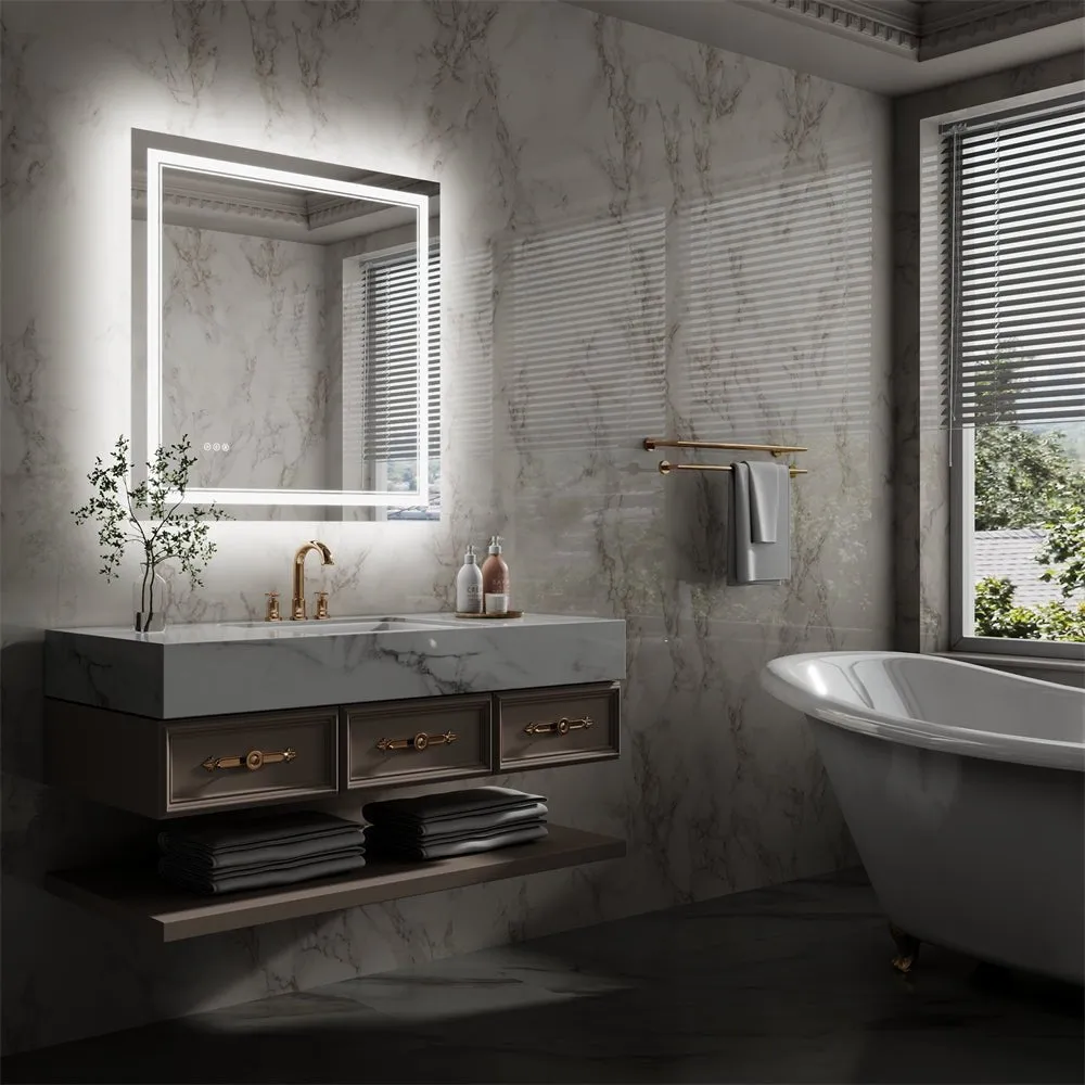 Linea 36" W x 36" H LED Heated Bathroom Mirror,Anti Fog,Dimmable,Front-Lighted and Backlit, Tempered Glass