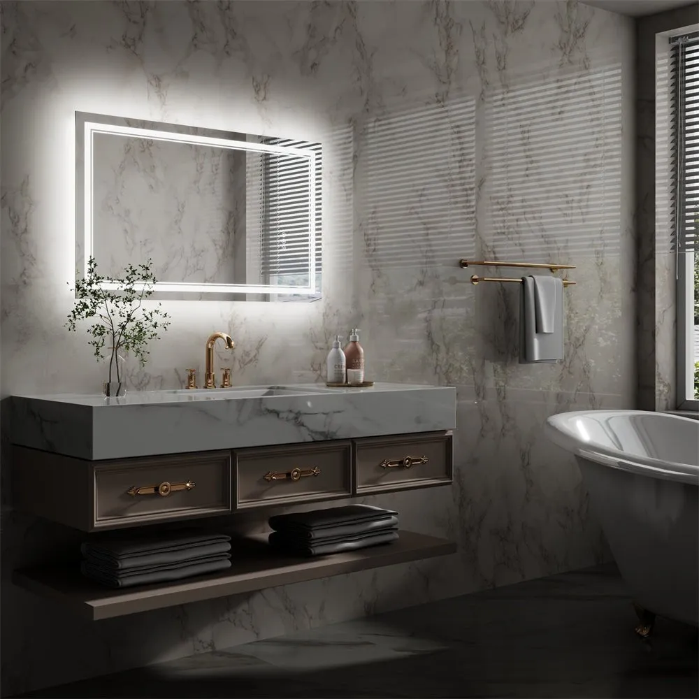 Linea 40" W x 24" H LED Heated Bathroom Mirror,Anti Fog,Dimmable,Front-Lighted and Backlit, Tempered Glass