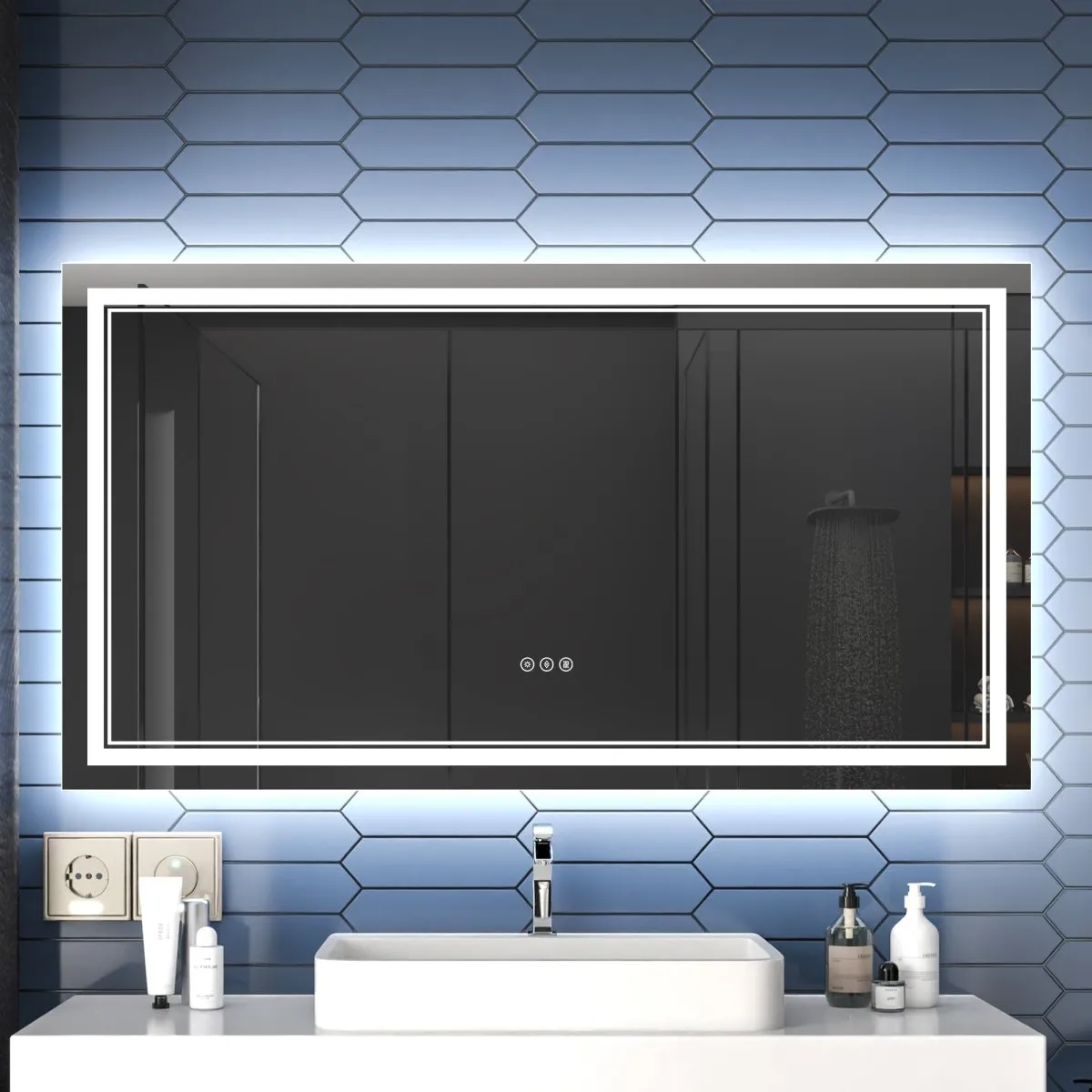 Linea 55" W x 30" H LED Heated Bathroom Mirror,Anti Fog,Dimmable,Front-Lighted and Backlit, Tempered Glass