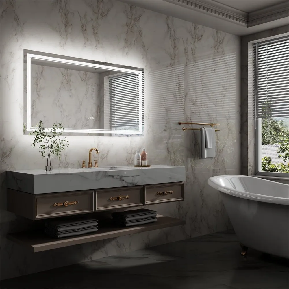 Linea 55" W x 30" H LED Heated Bathroom Mirror,Anti Fog,Dimmable,Front-Lighted and Backlit, Tempered Glass