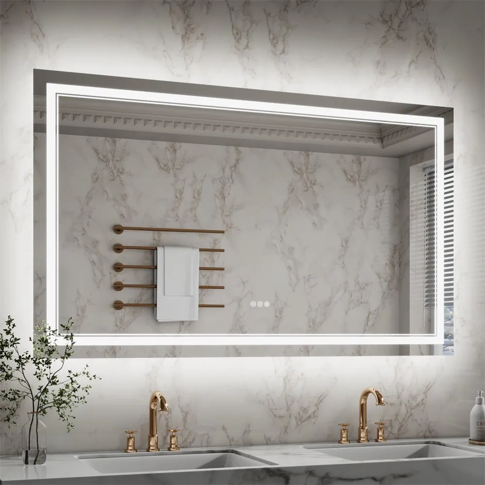 Linea 60" W x 36" H LED Heated Bathroom Mirror,Anti Fog,Dimmable,Front-Lighted and Backlit, Tempered Glass