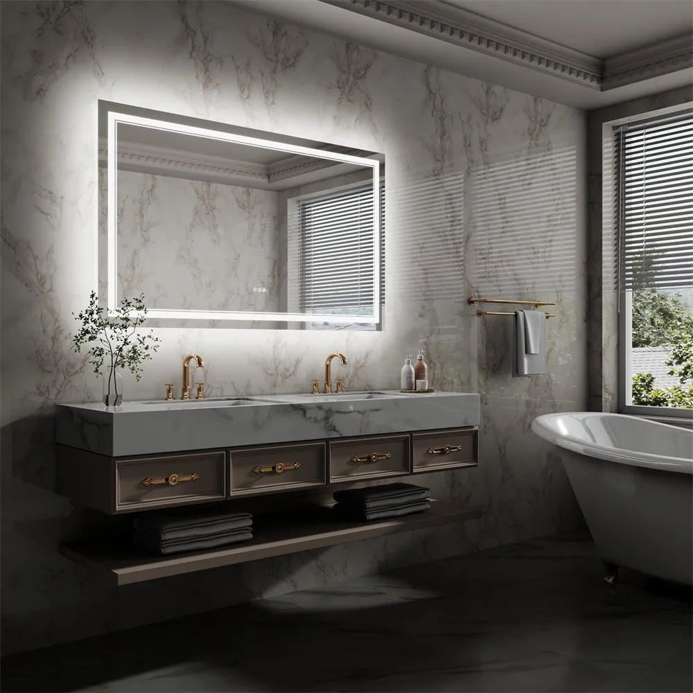 Linea 60" W x 36" H LED Heated Bathroom Mirror,Anti Fog,Dimmable,Front-Lighted and Backlit, Tempered Glass