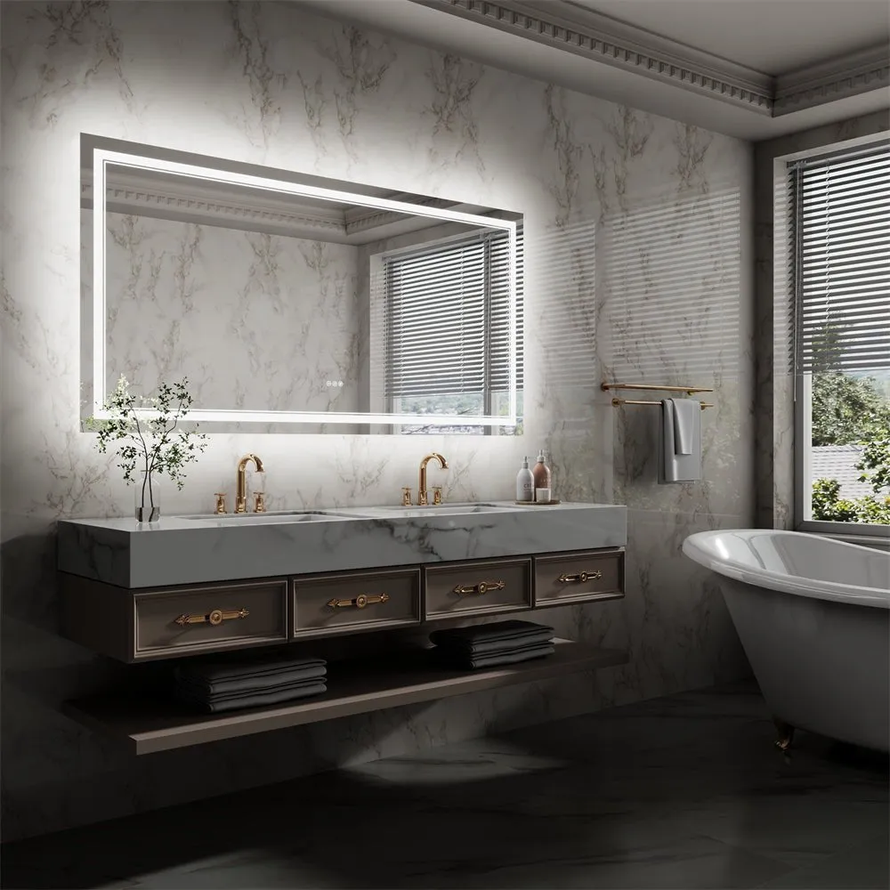 Linea 72" W x 36" H LED Heated Bathroom Mirror,Anti Fog,Dimmable,Front-Lighted and Backlit, Tempered Glass