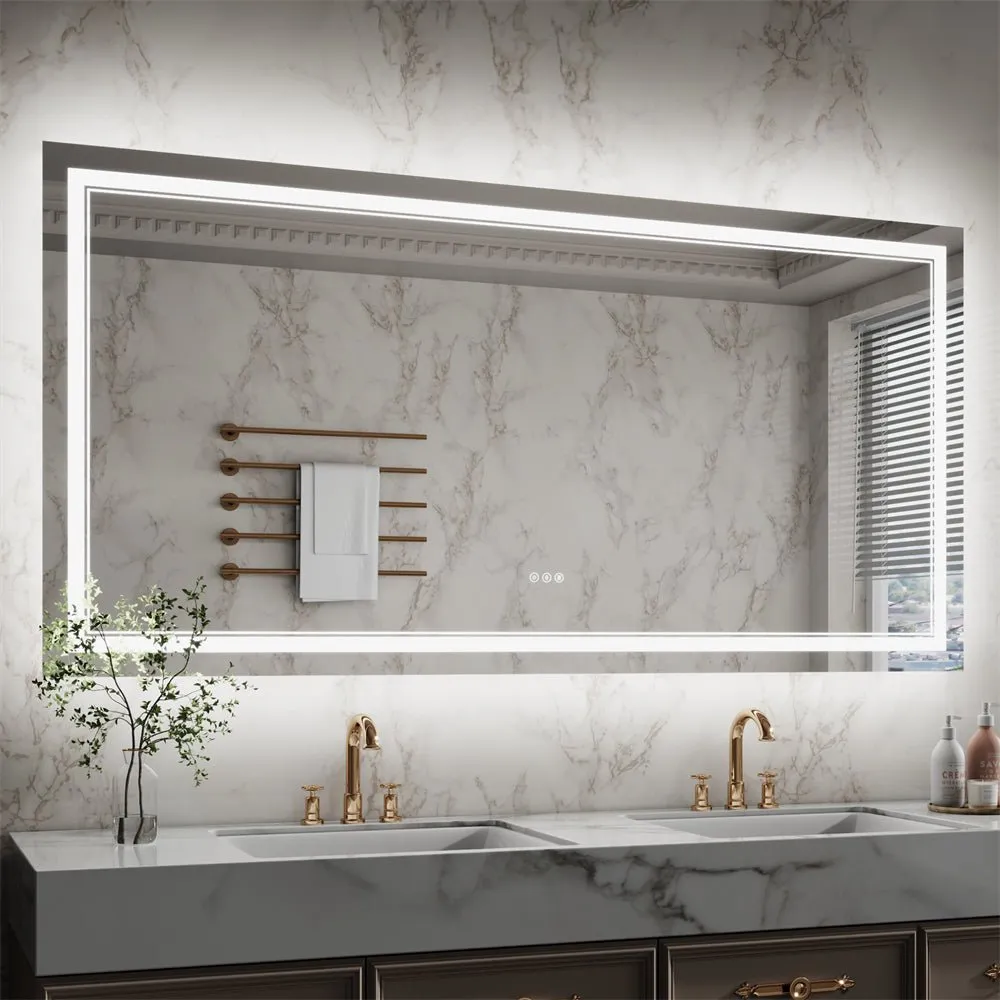 Linea 72" W x 36" H LED Heated Bathroom Mirror,Anti Fog,Dimmable,Front-Lighted and Backlit, Tempered Glass