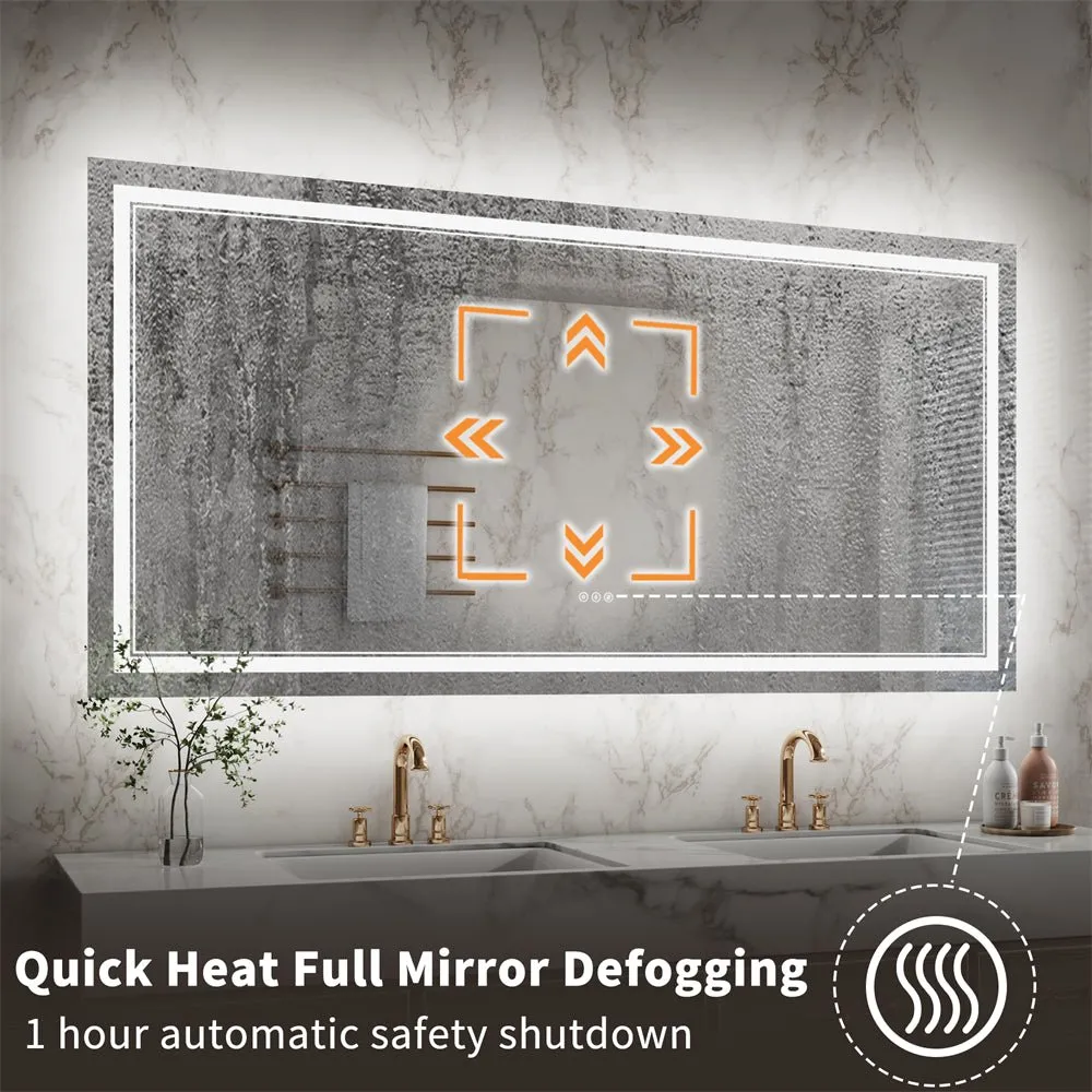 Linea 72" W x 36" H LED Heated Bathroom Mirror,Anti Fog,Dimmable,Front-Lighted and Backlit, Tempered Glass