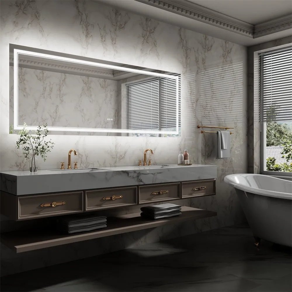 Linea 84" W x 32" H LED Heated Bathroom Mirror,Anti Fog,Dimmable,Front-Lighted and Backlit, Tempered Glass