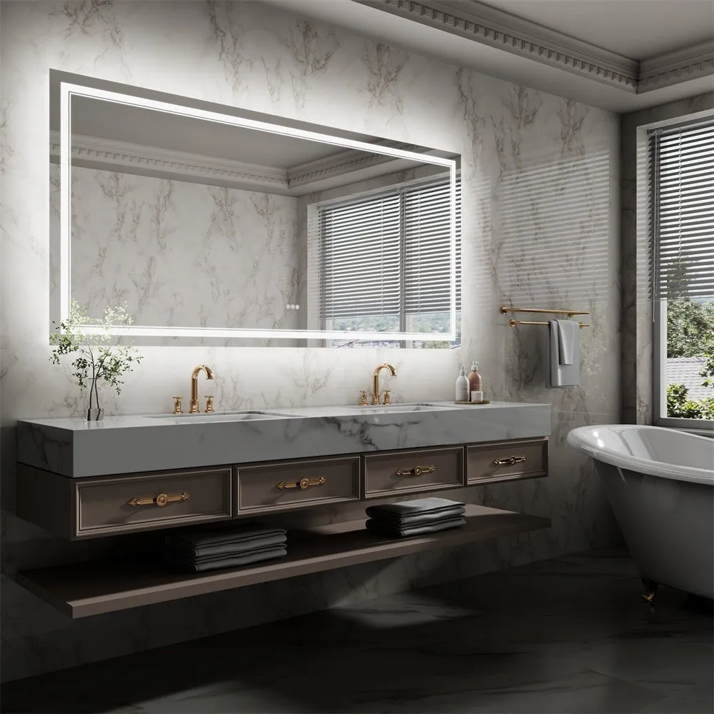 Linea 84" W x 40" H LED Heated Bathroom Mirror,Anti Fog,Dimmable,Front-Lighted and Backlit, Tempered Glass