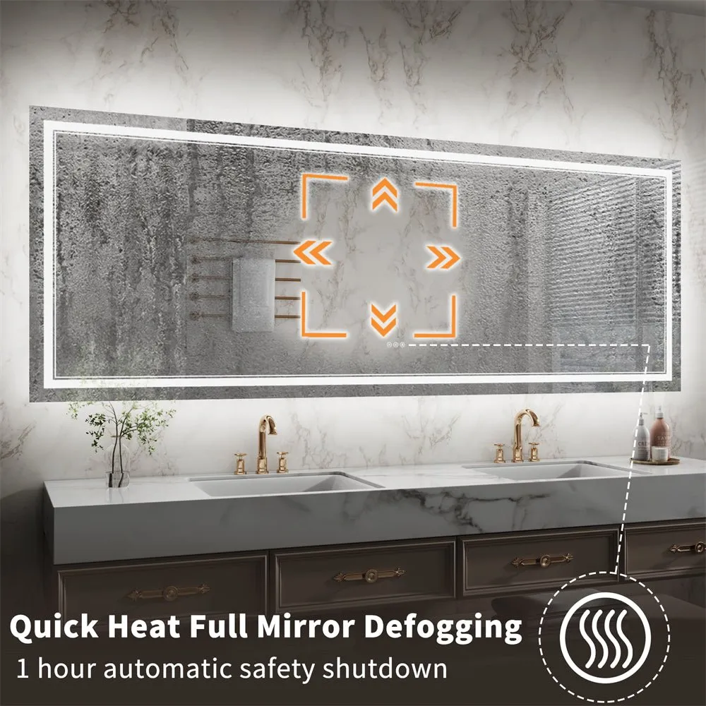 Linea 96" W x 36" H LED Heated Bathroom Mirror,Anti Fog,Dimmable,Front-Lighted and Backlit, Tempered Glass