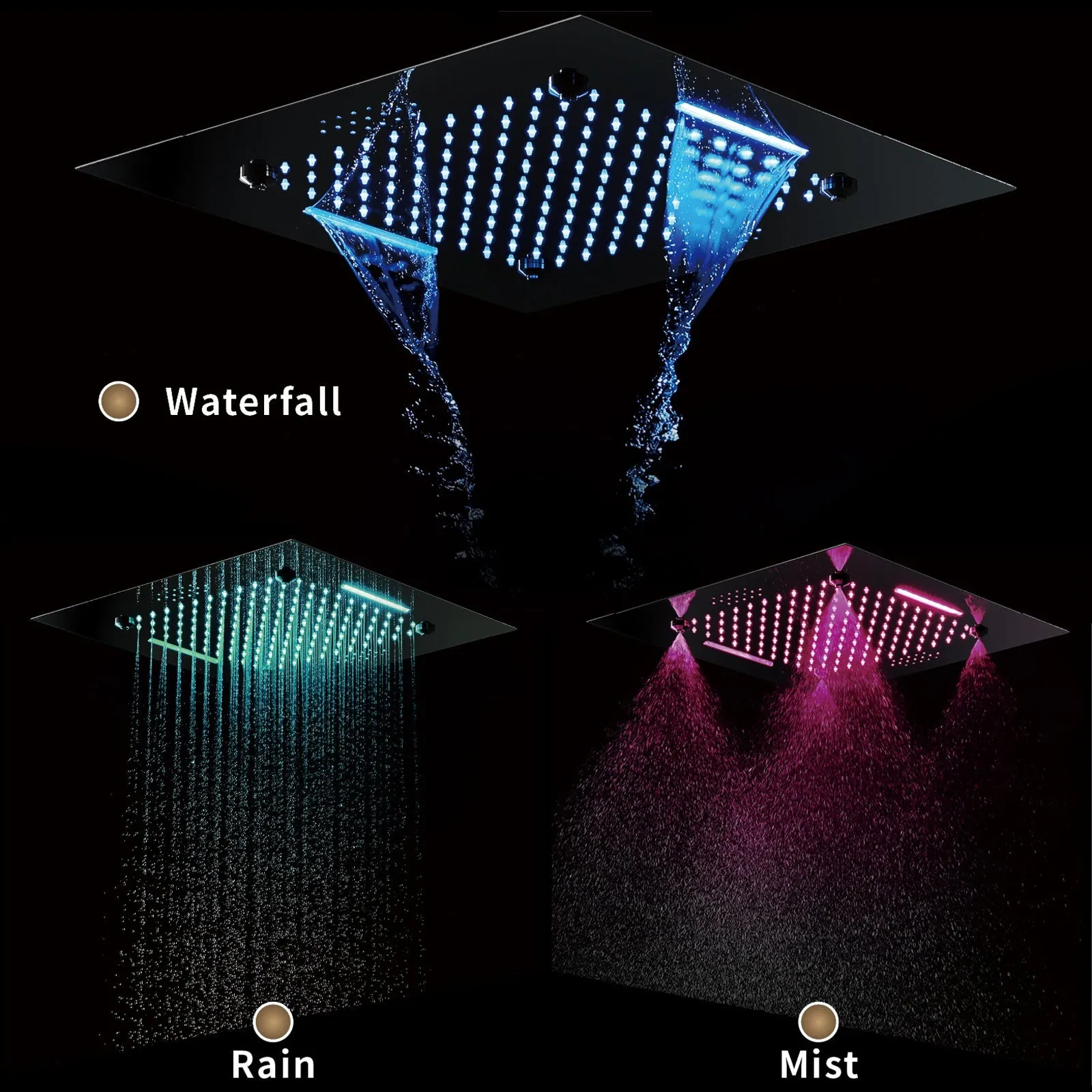 MONACO BLACK | 20"x 20" Complete Luxury LED Music shower set Rainfall , Waterfall, Mist Spray 6x Body Jets