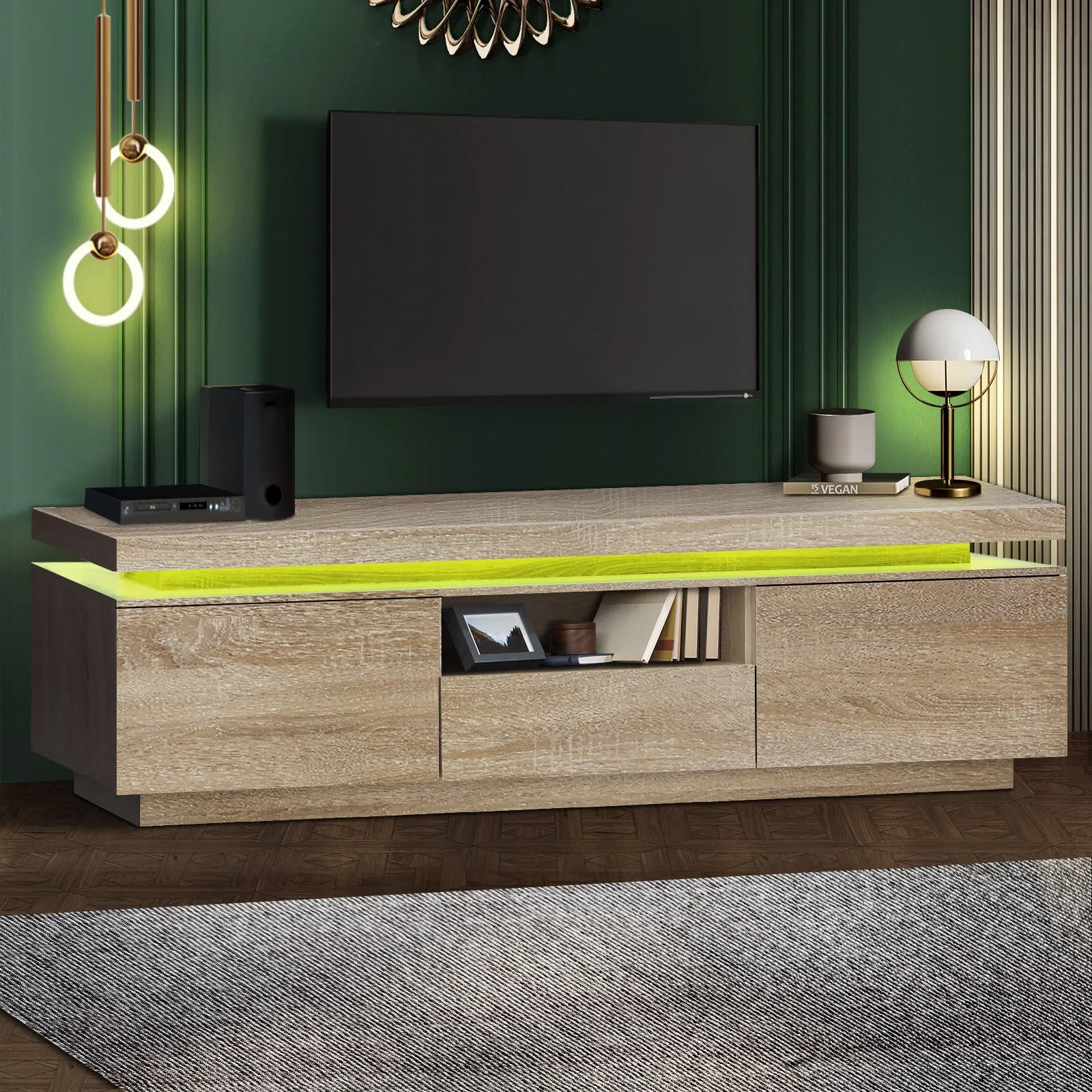 Oikiture TV Cabinet Entertainment Unit Stand RGB LED Furniture Wooden Shelf