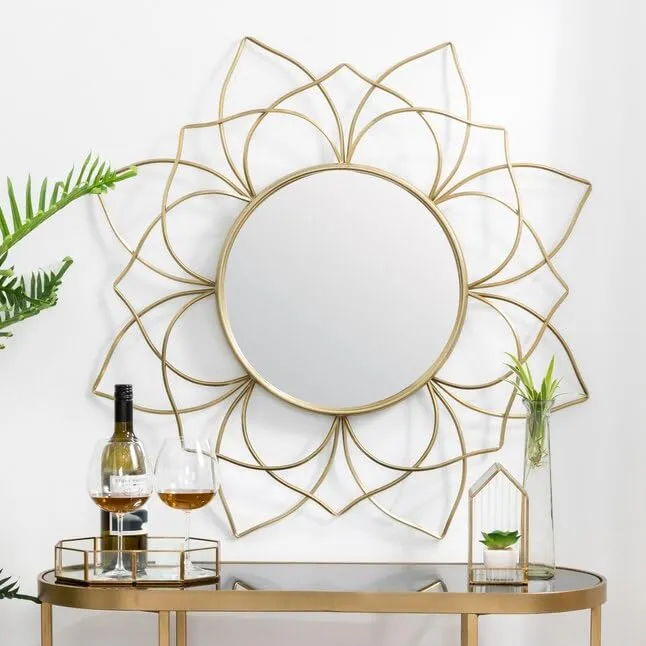 Urban Craft Iron Decorative Mirror Wall Mounted Hanging Mirror Sculpture Metal Golden Metallic Lotus Mirror (24X24 Inches)