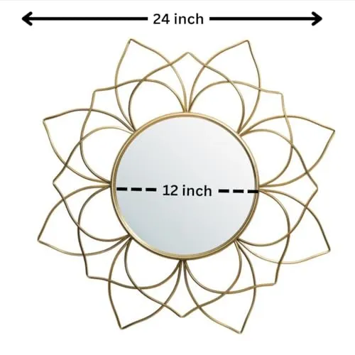 Urban Craft Iron Decorative Mirror Wall Mounted Hanging Mirror Sculpture Metal Golden Metallic Lotus Mirror (24X24 Inches)