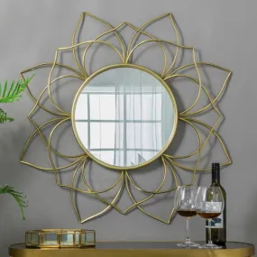 Urban Craft Iron Decorative Mirror Wall Mounted Hanging Mirror Sculpture Metal Golden Metallic Lotus Mirror (24X24 Inches)