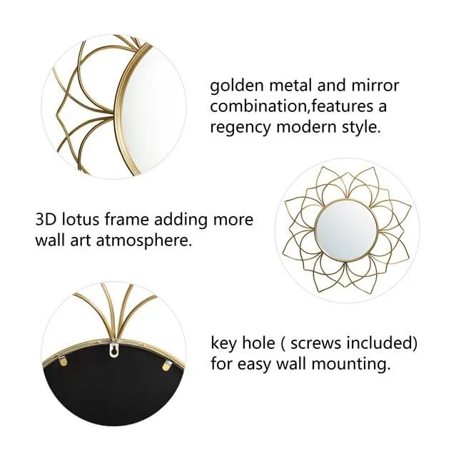 Urban Craft Iron Decorative Mirror Wall Mounted Hanging Mirror Sculpture Metal Golden Metallic Lotus Mirror (24X24 Inches)