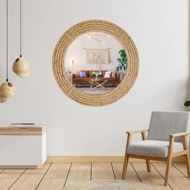 Vintage Wooden Rope Look Hardwood Round Wall Mount Mirror